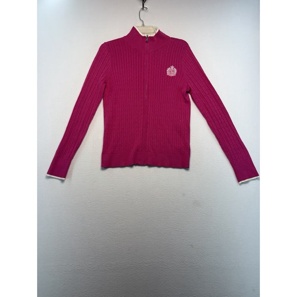 Vintage Y2K Ralph Lauren Sweater Women's Pink Zip Cable Knit L Preppy Cotton